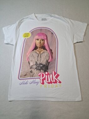Nicki Minaj White Tee with Pink Graphic Hair and Pink Logo